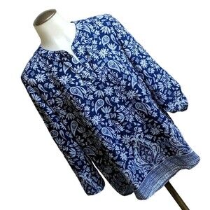 Pink Rose Tunic Top Long Sleeves Paisleys Boho Blue Navy S **NEW**